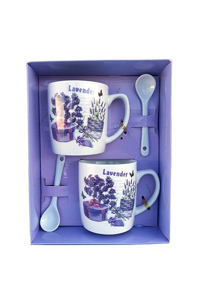 OEM Set of two ceramic cups with spoons, lavender design, 16x20cm, 200ml, M2