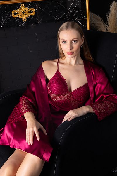 Lunoche Nightwear طقم ثوب نوم من الساتان الحريري باللون العنابي مكون من ست قطع