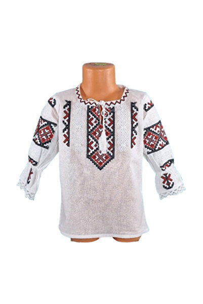 OEM National blouse, cotton for girls. White with red-black geometric embroidery, 6 years