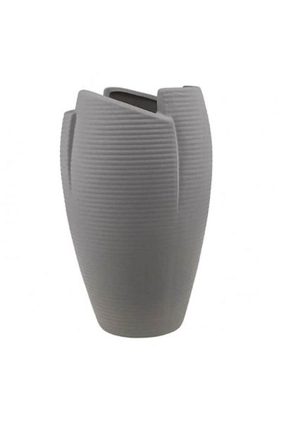 OEM Ceramic Vase with Horizontal Stripes and Notched Opening, 15x30 cm, Grey