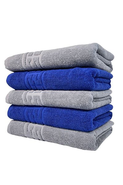 OEM Set 5 prosoape de mână, bumbac, bicolor, bordură grecească, 500g/m², 30x50cm, gri-bleumarin