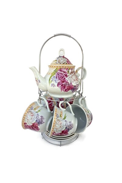 OEM Set ceramic cu ceainic, cești, farfurii, trandafiri și suport din fier, 23x37 cm