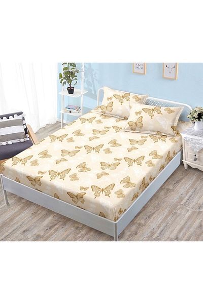 OEM Set Husa de Pat, cu Elastic, 3 Piese, Bumbac Satinat, 180x200cm, Imprimeu Fluturi, Bej Nuante