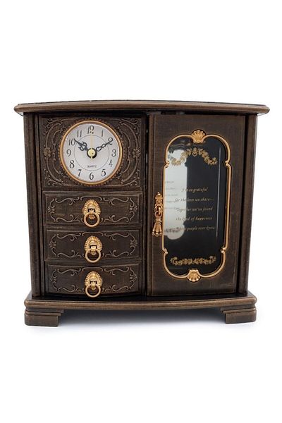OEM Plastic Jewelry Box with Patinated Look, Three Drawers and Clock, M2, 21x19 cm
