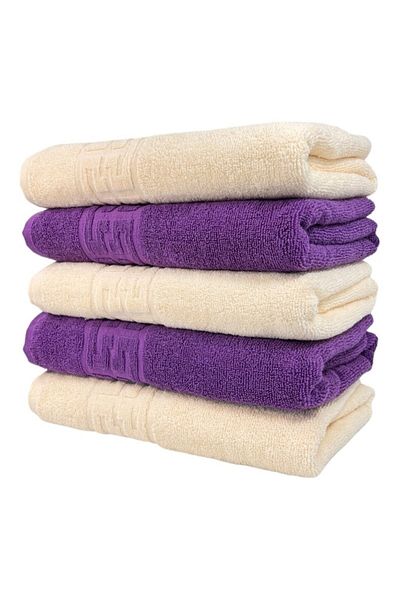 OEM Set 5 prosoape de față, bumbac, bicolor, bordură grecească, 500g/m², 50x90cm, ivory-violet
