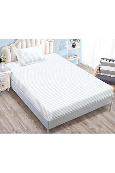 OEM Cearșaf cu elastic și 2 fețe de pernă, Sonia-Home, model Damasc, persoană singură, Uni, 90x200cm, alb