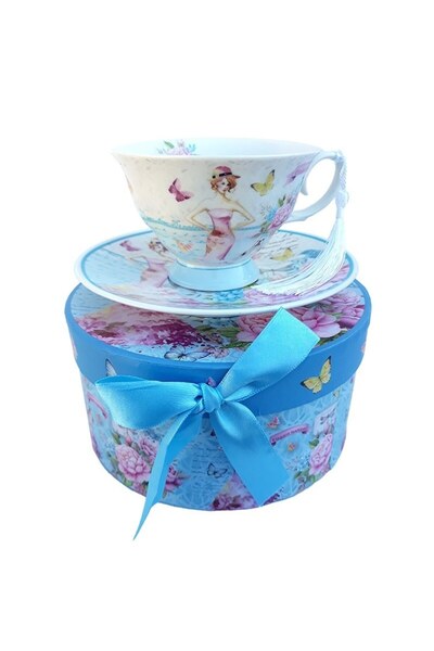 OEM Ceramic Cup with Saucer Featuring Female Silhouette, Butterflies, and Flowers, 100 ml