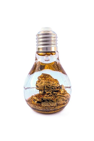 OEM Plastic decoration in the shape of a light bulb, with liquid and battery, with the Sphinx of Bucegi, gold, 6x10 cm