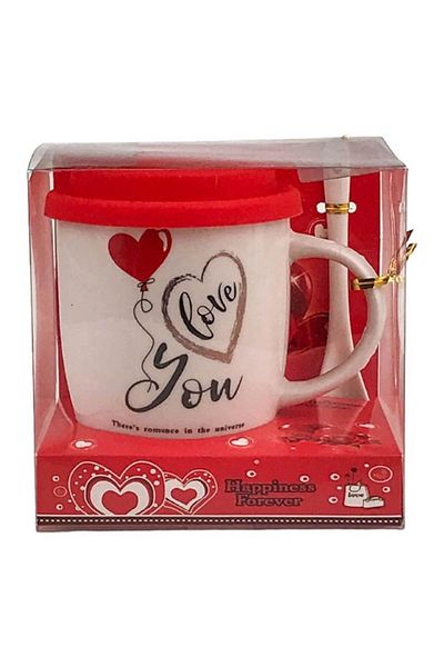 OEM Ceramic Mug with Spoon and Silicone Lid, with Hearts - 13x13 cm