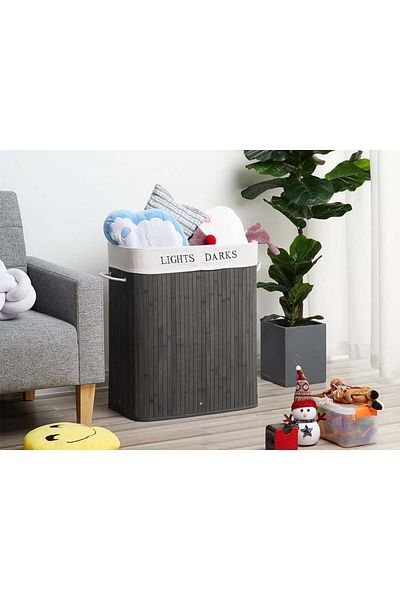 divendi-ro Bamboo basket 2 in 1, for clothes or toys, with two compartments, foldable, with handles and lid