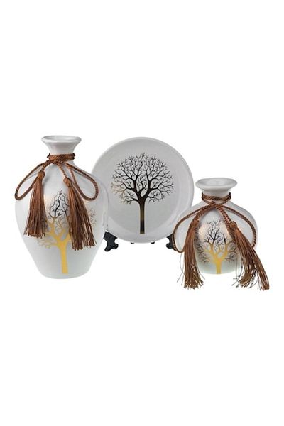 OEM Ceramic set with two vases and a decorative plate, tree pattern