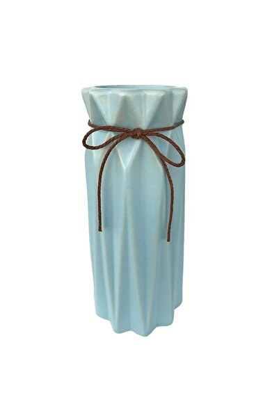 OEM Vază ceramică cu dungi și fundă de sfoară, albastră, 11x24 cm