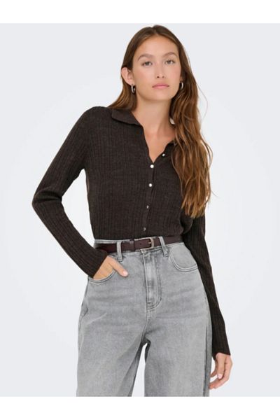 ONLY Onlthea Ls Button Polo Cardigan Knt Women's Brown Polo Neck Cardigan
