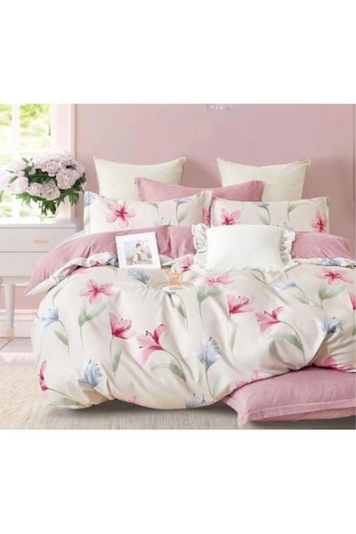 OEM Double Bed Linen, 2 Faces, Lilies, 6 Pieces, 2 Persons, 180x200cm, Finet Satin, Multicolor