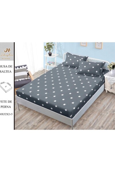OEM Husa de Pat, cu Elastic, 3 Piese, Bumbac Satinat, 180x200cm, Imprimeu Stele, Gri Inchis-Alb