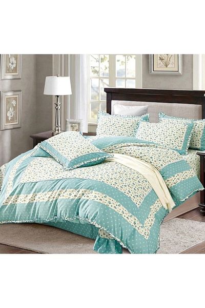 OEM Luxury Bedding with Ruffles, Cotton Finet, 4 Pieces, Double, Light Blue Floral, 230x250cm, Multicolo