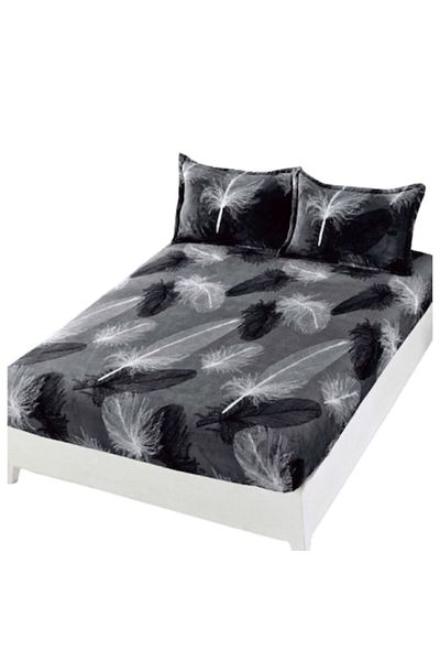 OEM Husa de pat si 2 fete de perna, Cocolino, 2 persoane, 3 piese, Imprimeu Pene, 180x200cm, Non-Culori