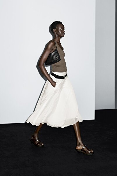 Massimo Dutti Robalı ve volanlı midi etek