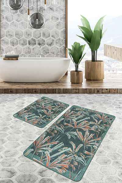 Realhomes Orange and Green Floral Patterned 2-Piece Non-Slip Base Washable Bath Mat Set