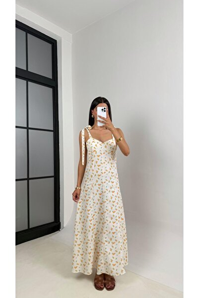 Gaus Beyaz Portakal Desenli Omuz Bağlamalı Astarlı Pinterest Keten Elbise Gau...