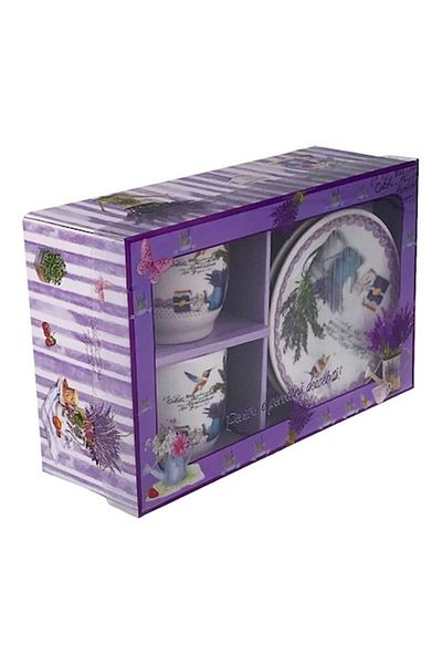 OEM Set din ceramica format din doua cesti cu farfurie, cu lavanda, 24x15 cm, multicolor, M3
