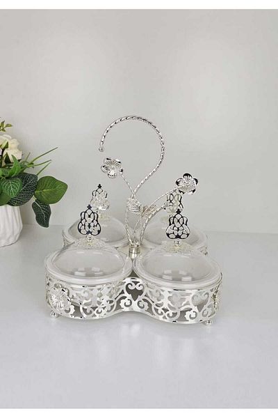 Radin Candy Dates Serving Bowl Set Metal Rack 4 Bowls Lid and Handle Ideal for Fruits Desserts Snacks Nuts