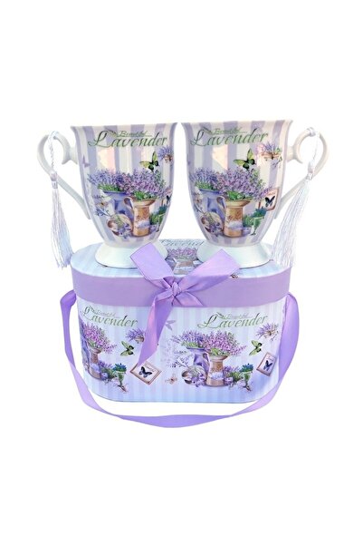 OEM Set din ceramica format din 2 cani cu snur si desene cu lavanda