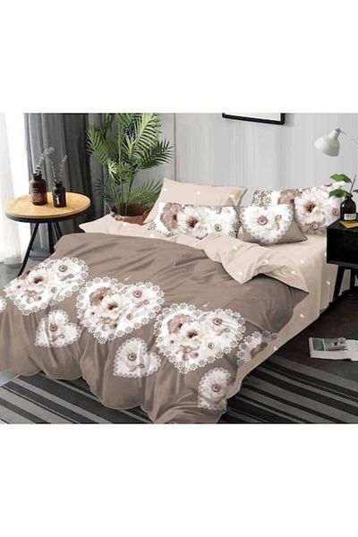 OEM Lenjerie de pat dublu, Inimi Bujori, 2 persoane, 6 piese, Finet, 220x230cm, Bej Nuante
