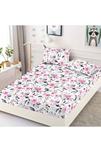 JOJO HOME Husa de pat dublu, cu elastic, Jojo Home, Finet, 3 piese, 2 persoane, Trandafiri, 180x200cm, Multico