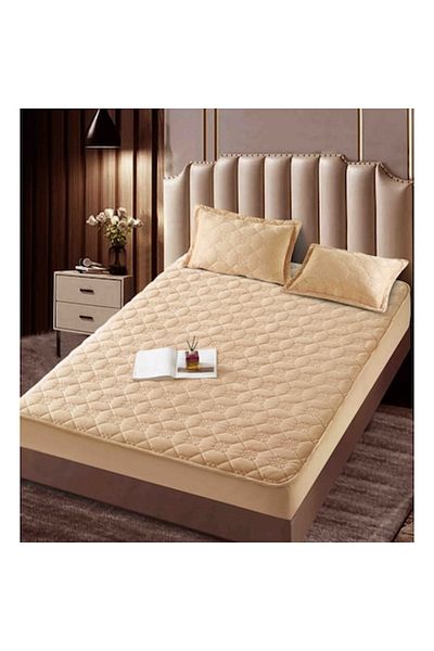 JOJO HOME Husa de pat si 2 fete de perna, Jojo Home, Catifea, Model Floral, Topper Matlasat, 140x200cm, Bej