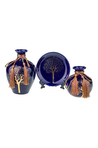 OEM Set ceramic cu două vaze și farfurie decorativă, model copac 26x17 cm