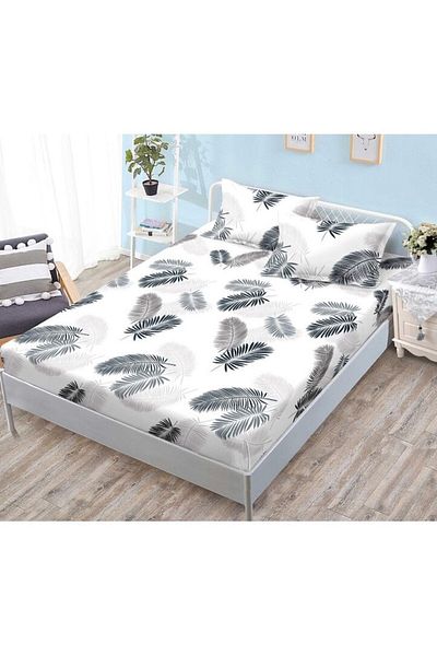 OEM Fitted Bed Sheet, 3 Pieces, Satin Cotton, 180x200cm, Feather Print, Gray-White