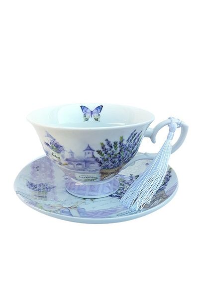OEM Ceașcă și farfurie ceramică cu lavandă și panglică, 100 ml