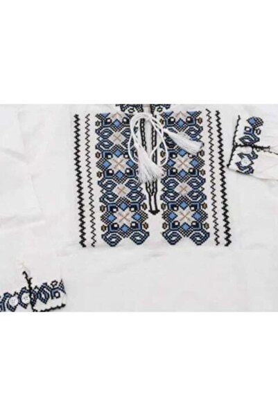 OEM Bluza tip ie Barbati, Model Traditional, Maneca Lunga, Bumbac, Broderie Albastru-Bej, Marime 2XL