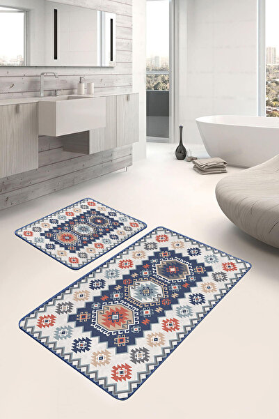 Realhomes طقم سجادة حمام قابلة للغسل وقاعدة مضادة للانزلاق منقوشة عرقية باللو...