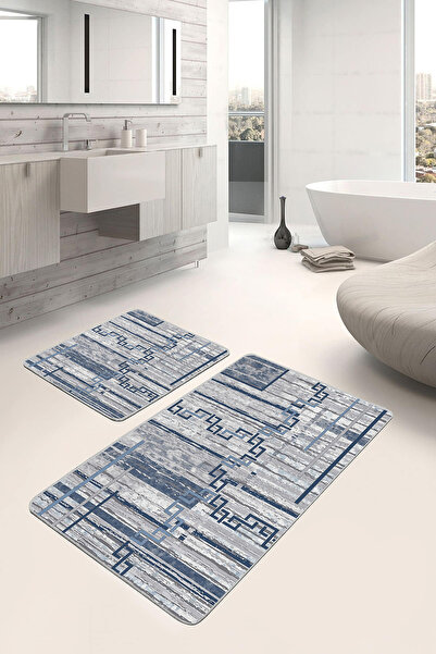 Realhomes مجموعة منشفة حمام قابلة للغسل وقاعدة غير قابلة للانزلاق باللونين الرمادي والأزرق بنمط هندسي