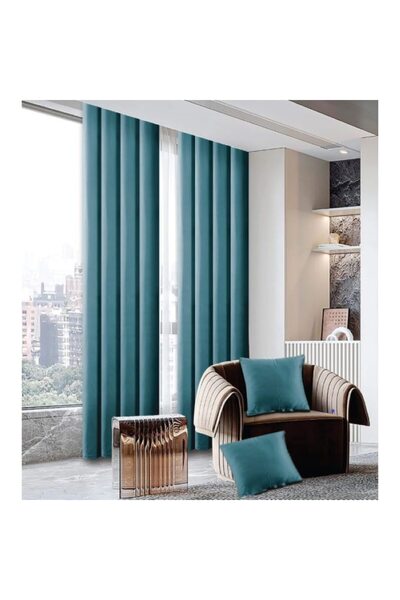 OEM Set 2 draperii si 2 fete de perne, Tercot, 4 piese, Uni, 150x245cm, Albastru