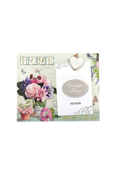 OEM Wooden photo frame with flowers and heart-shaped clip for one photo, pink, 24x20 cm