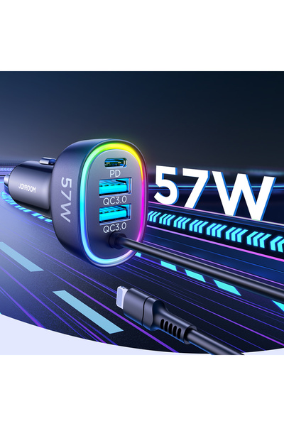 Joyroom Încărcător auto rapid 4 în 1 USB-C PD 2x USB QC3 cu cablu Lightning 1,6 m 57 W negru