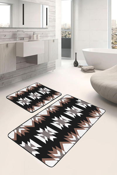 Realhomes طقم سجادة حمام قابل للغسل بنمط عرقي باللون الأسود والأبيض والبني مك...