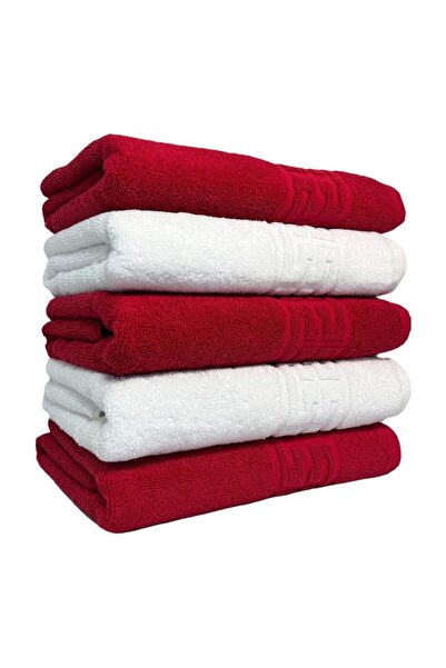 Plush Set 5 Towels, White, Red, 70x140cm, 100% Cotton 550GR