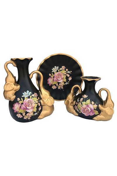 OEM Set din ceramica format din doua vaze cu toarte in forma de elefant si farfurie, M1, 36x22 cm