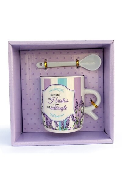 OEM Cana 200ml cu 1 lingurita si mesaj religios, ceramica, 14X14 cm