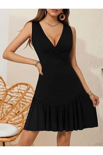 Omarı Women's suspender Double-Breasted collar ruffled janjan crepe dress