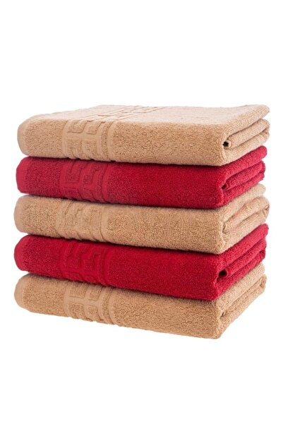 OEM Set 5 Hand Towels, Cotton, Bicolor, Greek Border, 500g/m², 30x50cm, Brown-Red