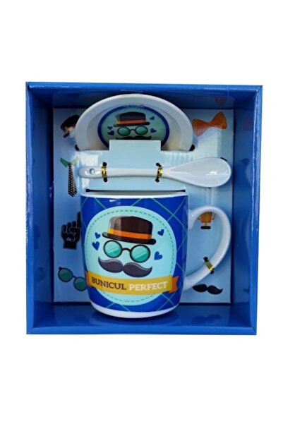 OEM Cană ceramică cu lingură și capac, „Dedicată bunicului”, 17 x 18 cm