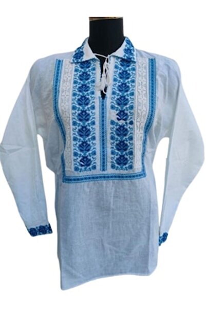 OEM Παραδοσιακό Πουκάμισο με Κέντημα για Άνδρες, Ανοιχτό Μπλε, Μέγεθος L