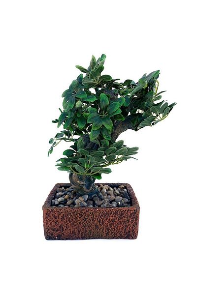 OEM Ghiveci din piatra, patrat, cu bonsai din plastic si pietre decorative, M3, 25x40 cm