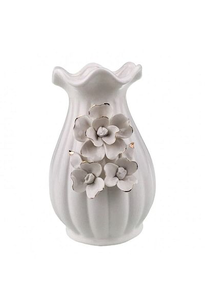 OEM Ceramic vase with wavy opening and embossed white flowers 9x14 cm