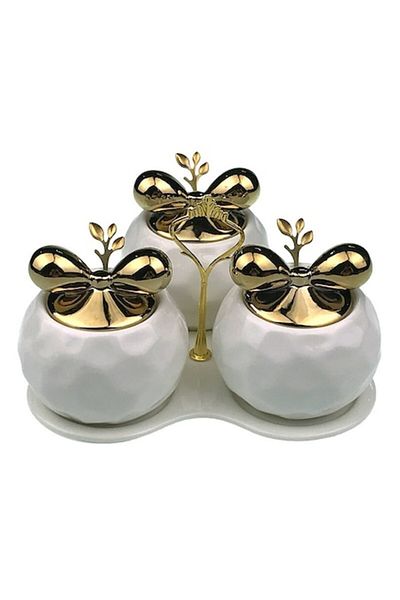 OEM Ceramic condiment set, 3 bowls with spoon, 22x12cm, white-gold